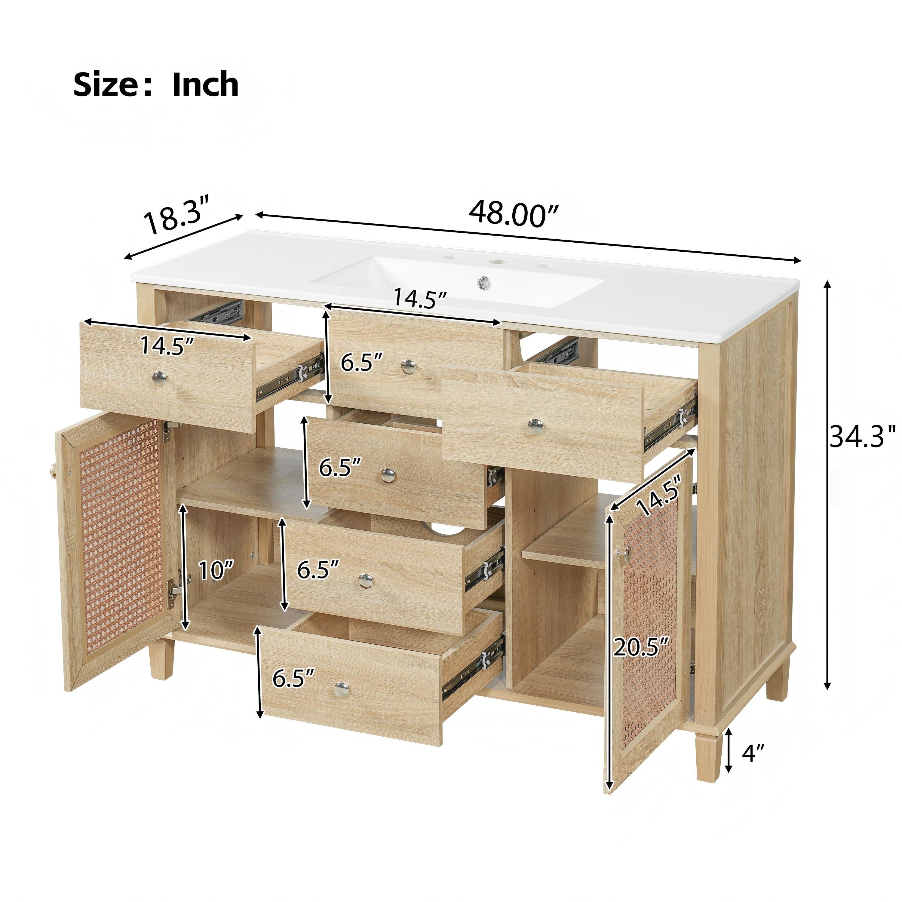 48-Inch Natural Rattan Bathroom Vanity: Solid Wood Frame, 5 Drawers, 2 Rattan Cabinet Doors & Premium Ceramic Sink