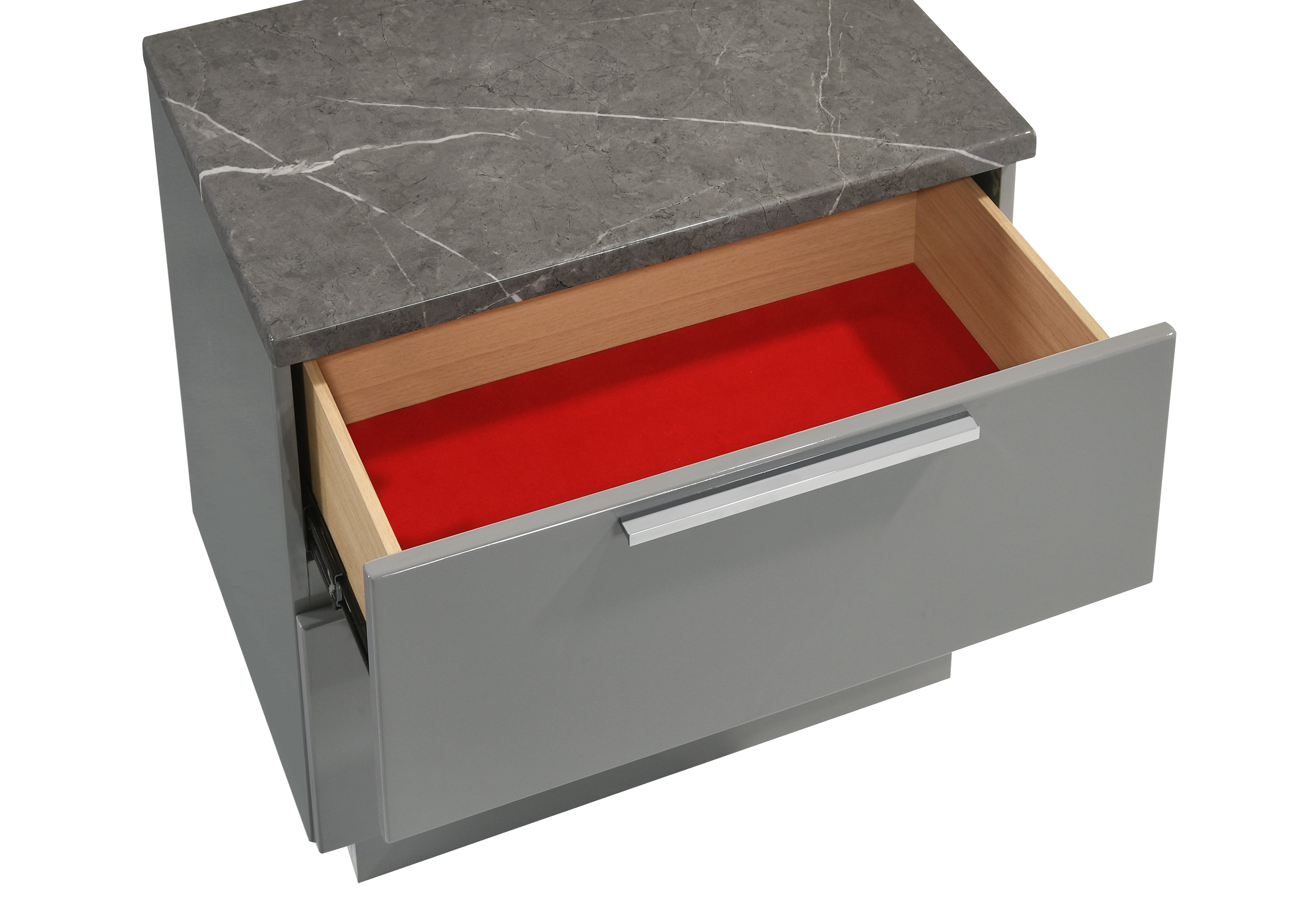 Elara Nightstand – Two-Tone High-Gloss Marble & Lacquer Finish with Red Velvet-Lined Drawers and Metal-Finished Legs- Gray  same as B009P309299 (CA inventory)
