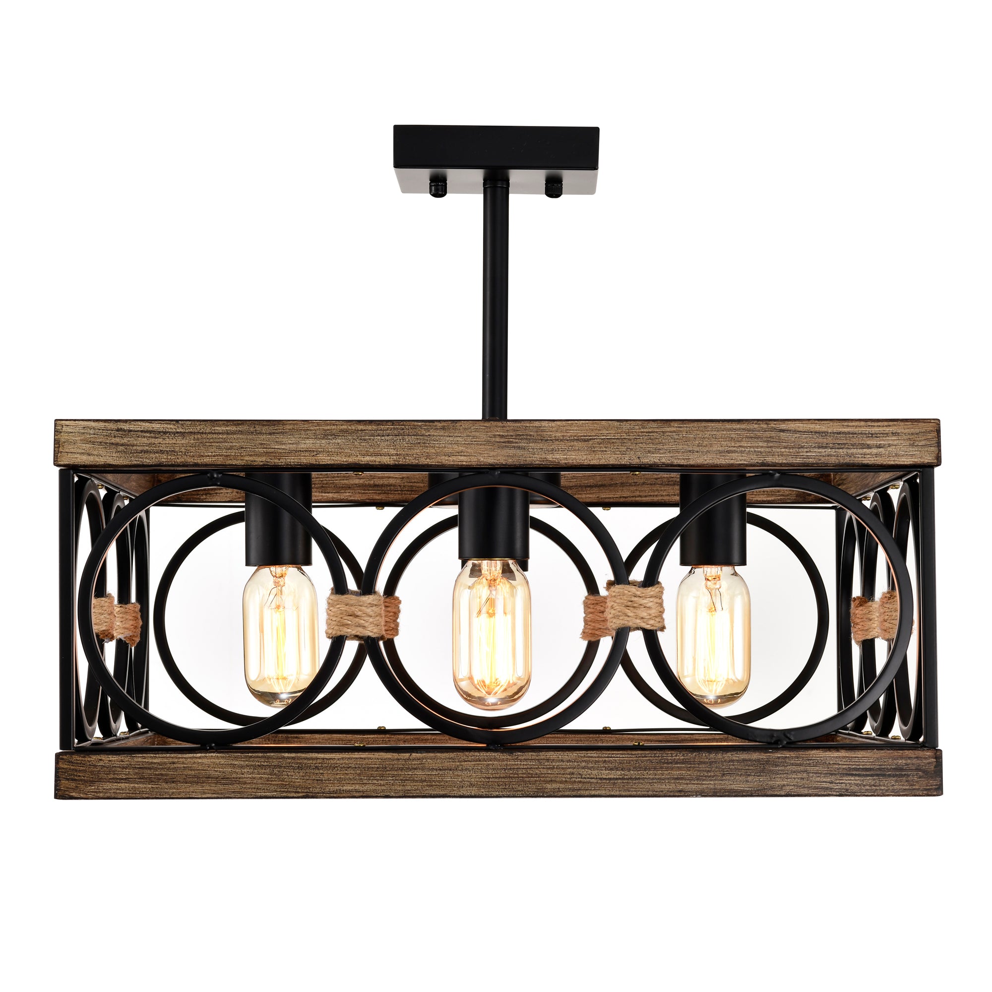 4-Light Square Kitchen Island Lights Ceiling Light Farmhouse Dining Room Light Fixture, Wood and Black Metal Rectangular Ceiling Light, Ceiling Lighting for Living Room,Conference Room, Home Office