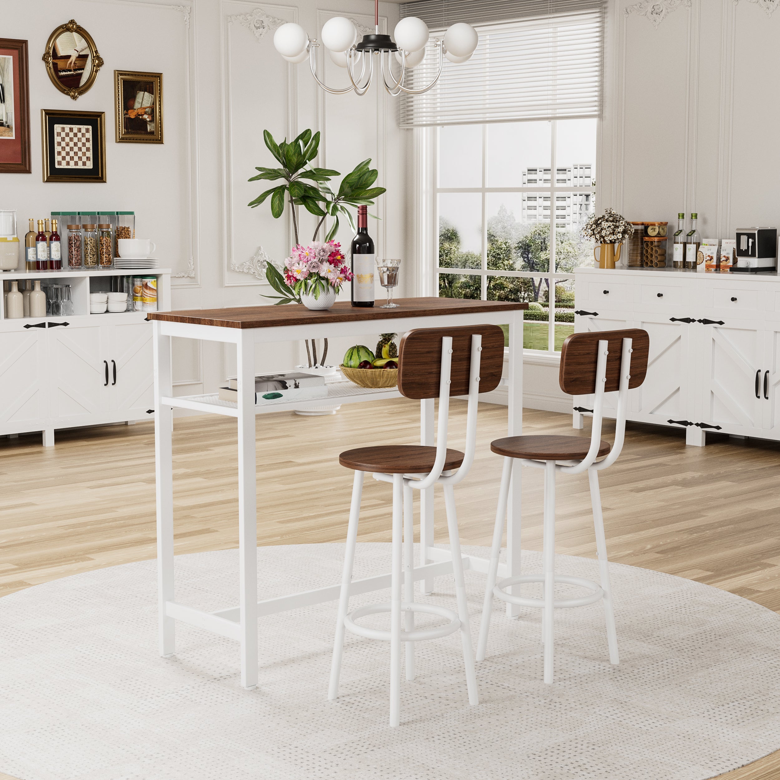 3 Piece Bar Table Set, Bar Table and Chairs Set of 2 with Metal Frame and Storage Rack , Modern Counter Height Table with 2 Stools for Kitchen, Dining Room, Living Room Breakfast Table Wood Top