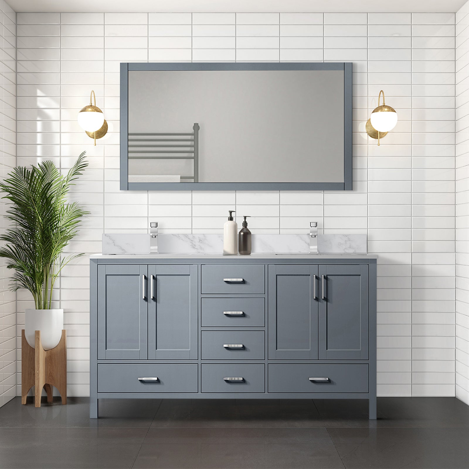 Dark Grey Double Bath Vanity 72 in. W x 22 in. D, Carrara Marble Top, and Faucet Set
