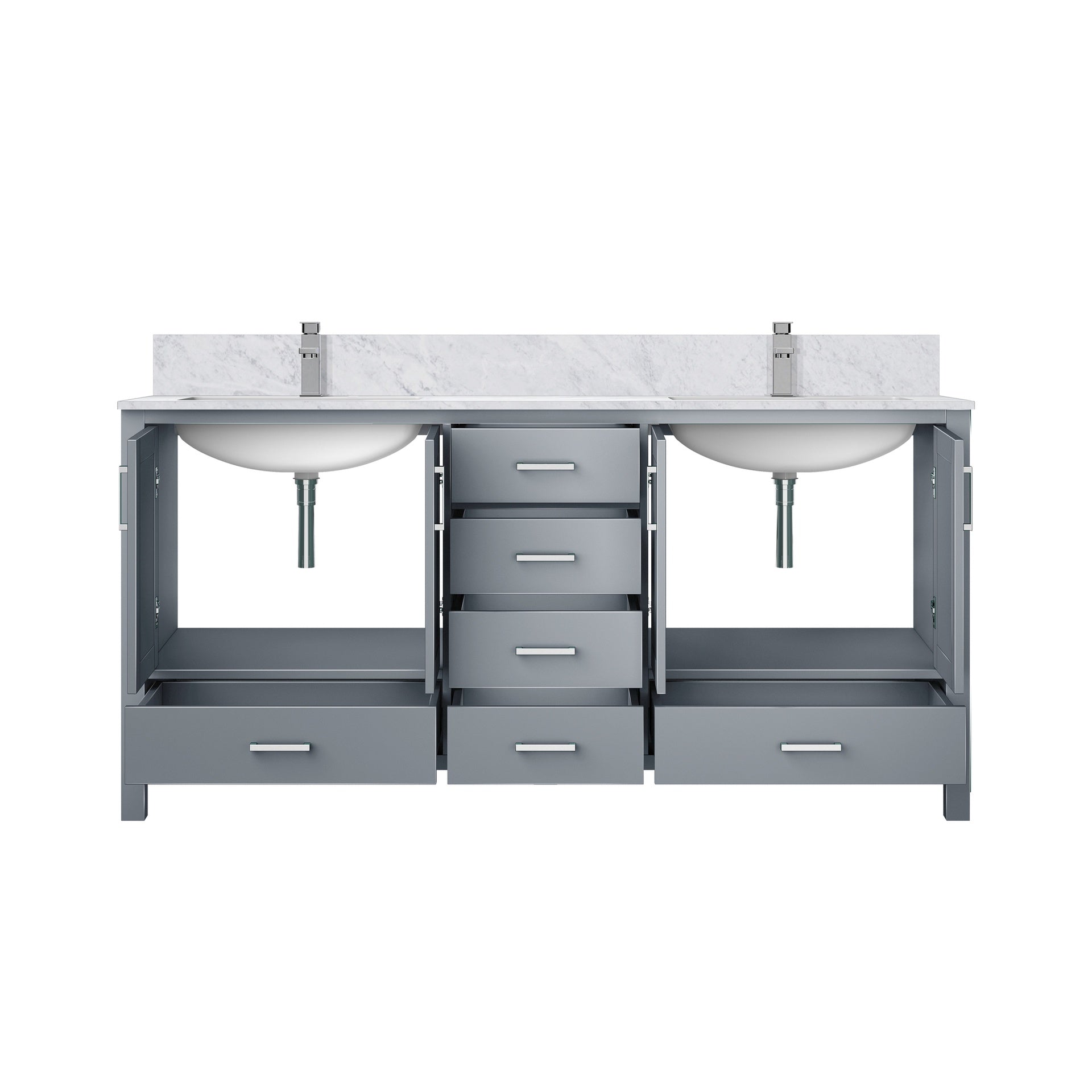 Dark Grey Double Bath Vanity 72 in. W x 22 in. D, Carrara Marble Top, and Faucet Set