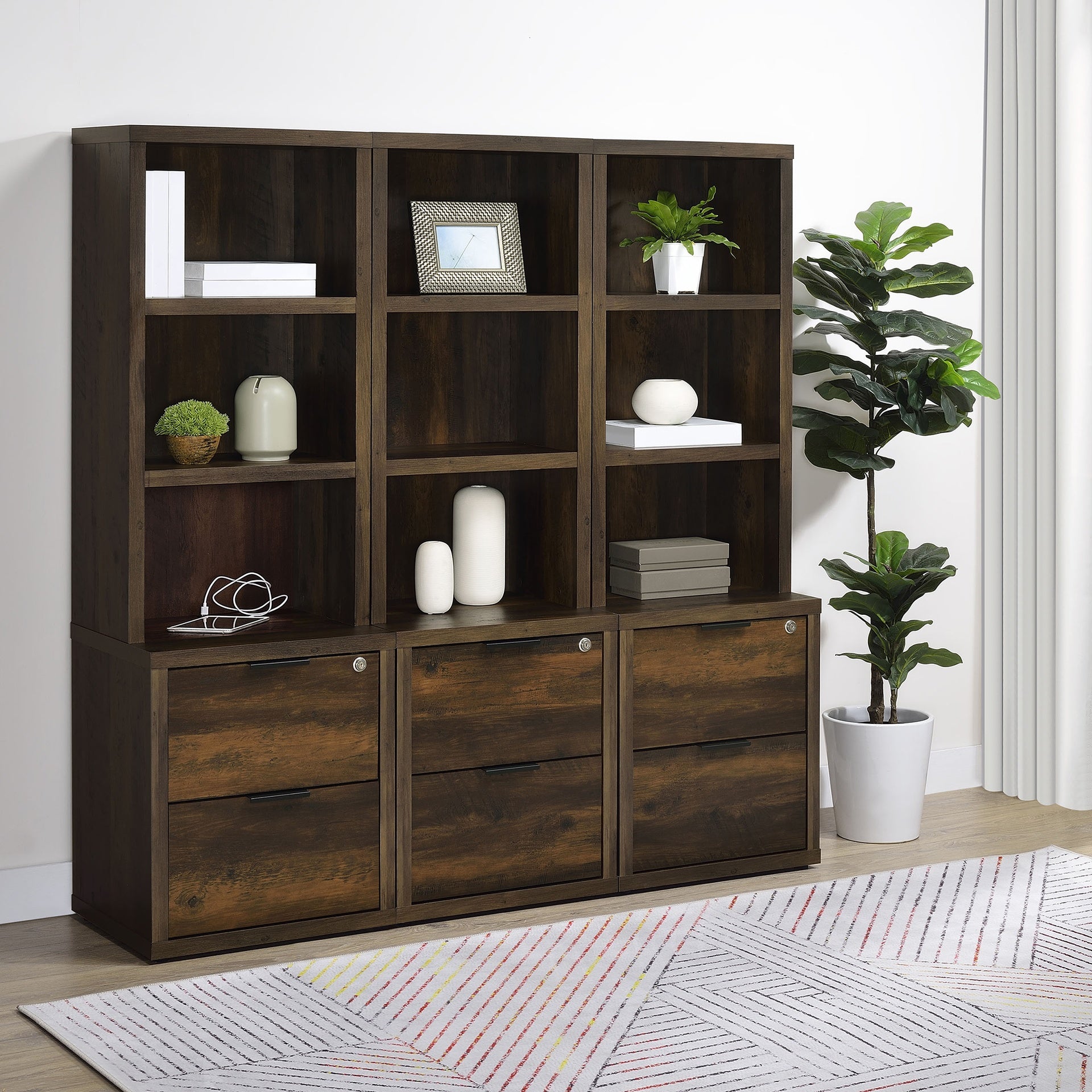 Geary Dark Pine 3-shelf Bookcase USB and Lockable Drawer