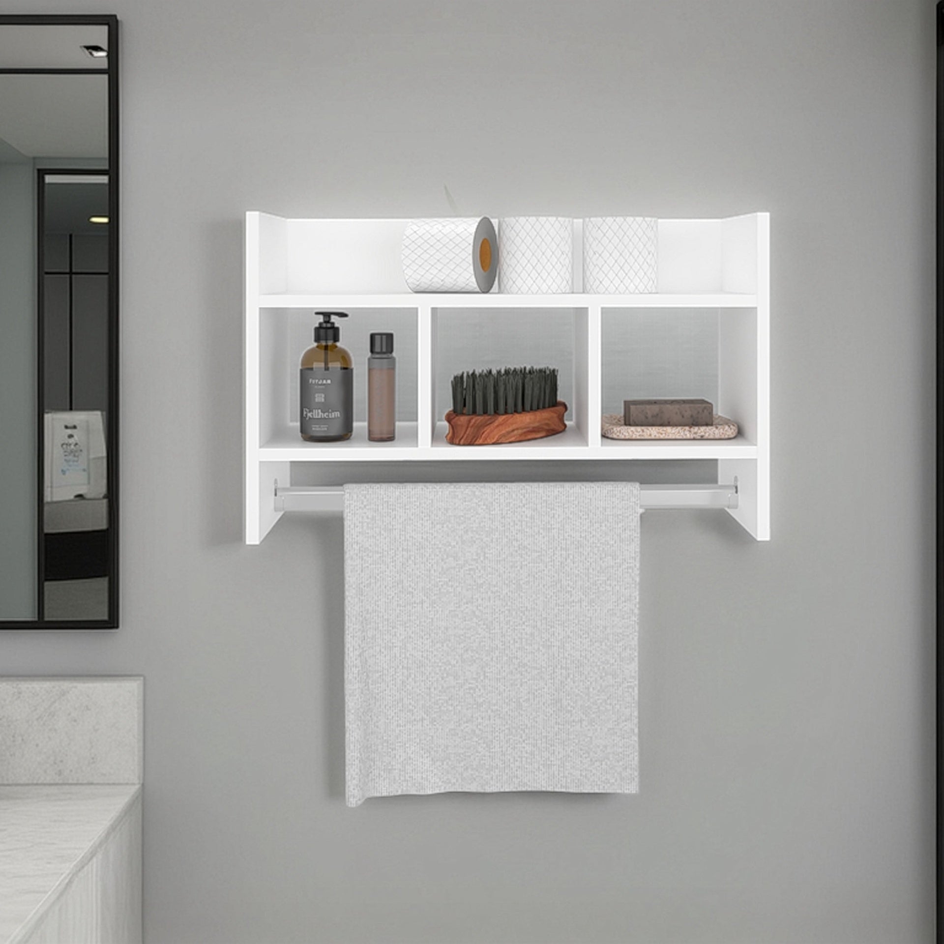White Bath Shelf with Towel Bar, Open Shelf, and Storage Space