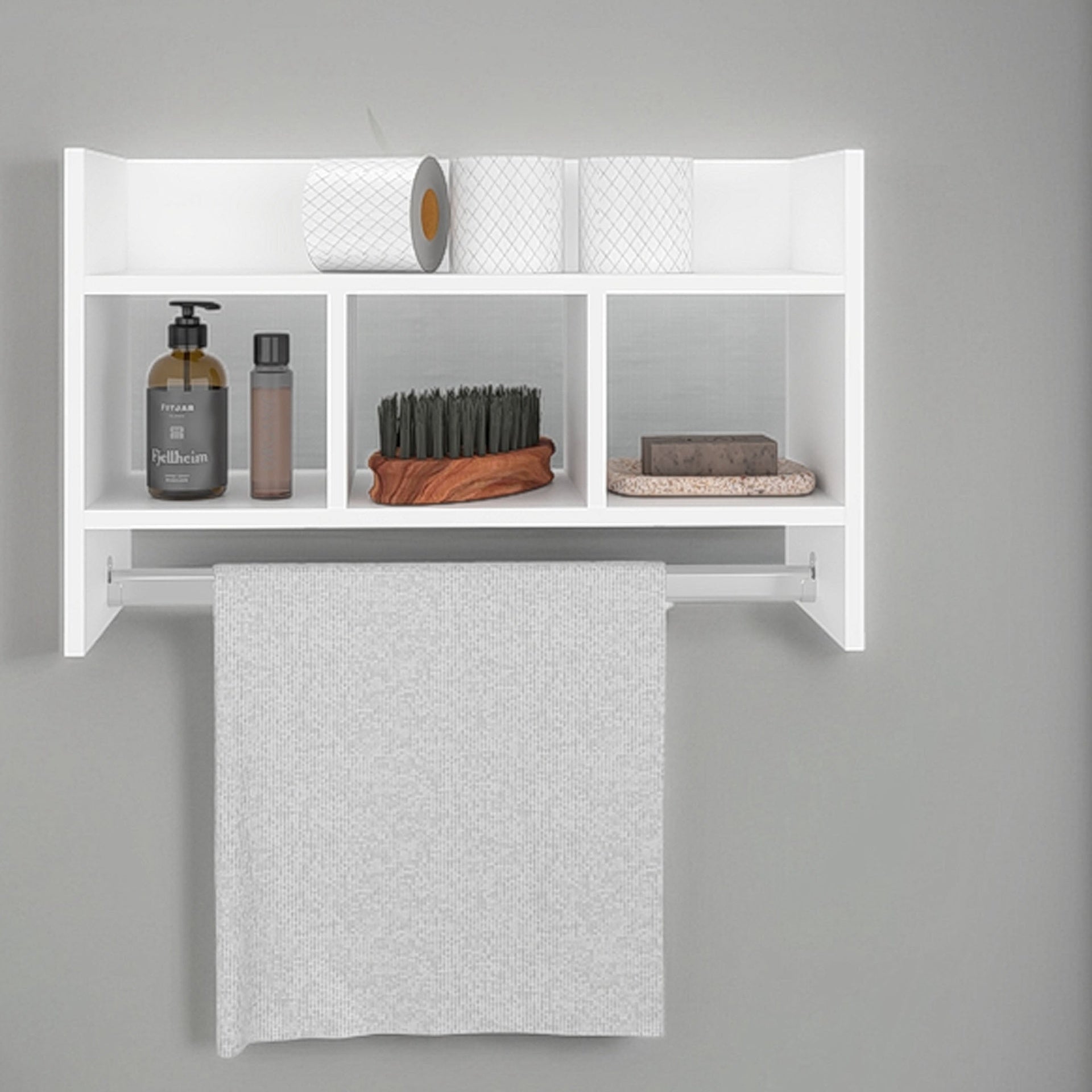 White Bath Shelf with Towel Bar, Open Shelf, and Storage Space