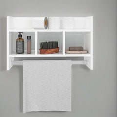 White Bath Shelf with Towel Bar, Open Shelf, and Storage Space