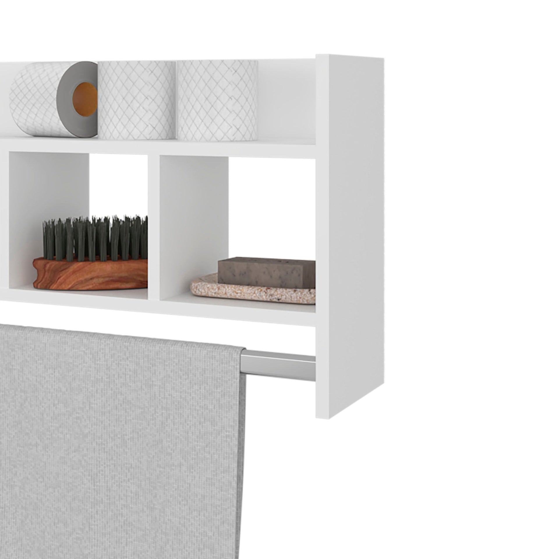 White Bath Shelf with Towel Bar, Open Shelf, and Storage Space