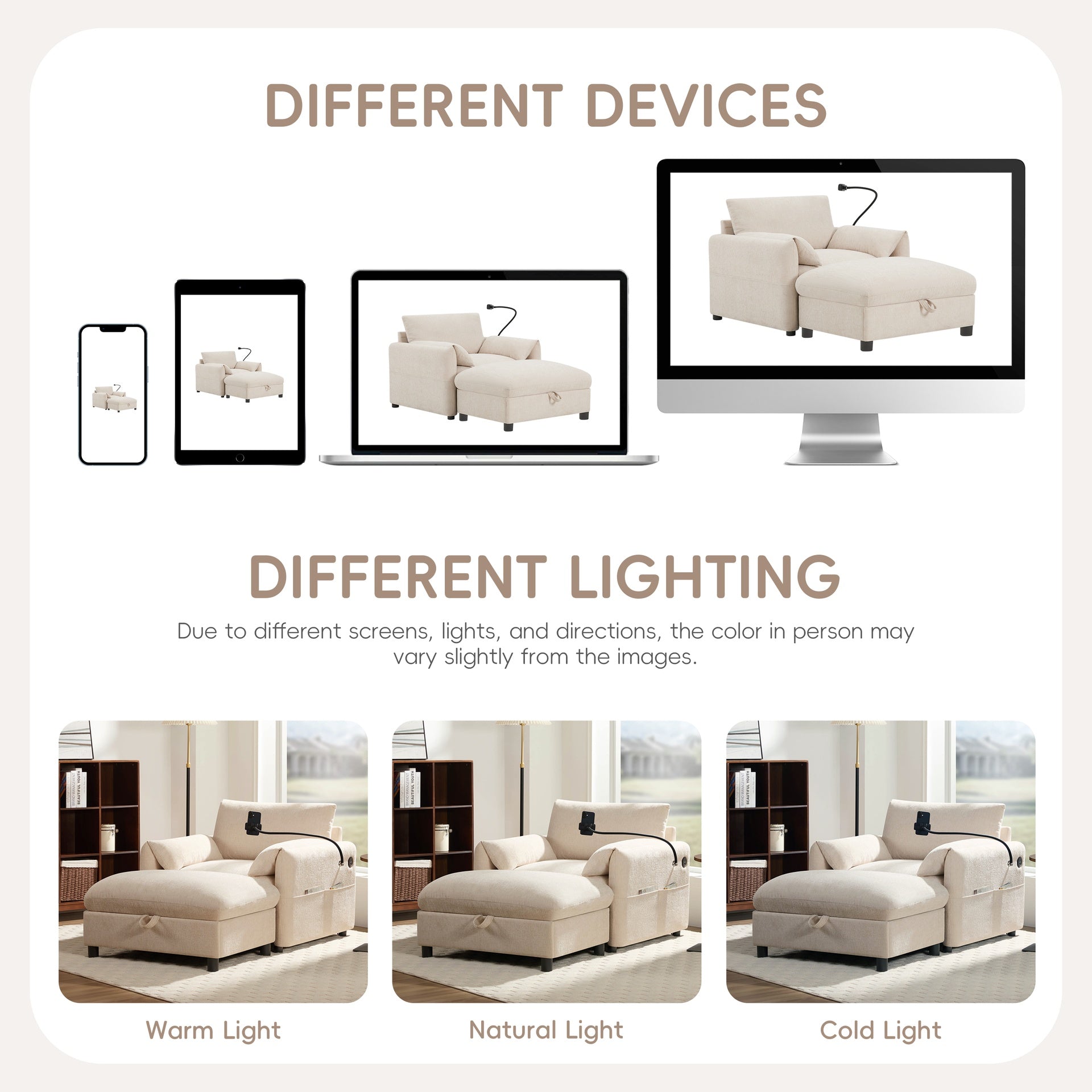 37" Single Sofa with Storage Ottoman, Adjustable Phone Holder, Dual-Port Charger, Storage Pockets, Elephant Ear Armrest, Comfy Chenille Armchair, Modern Cloud Chaise Lounge for Living Room&Apartment