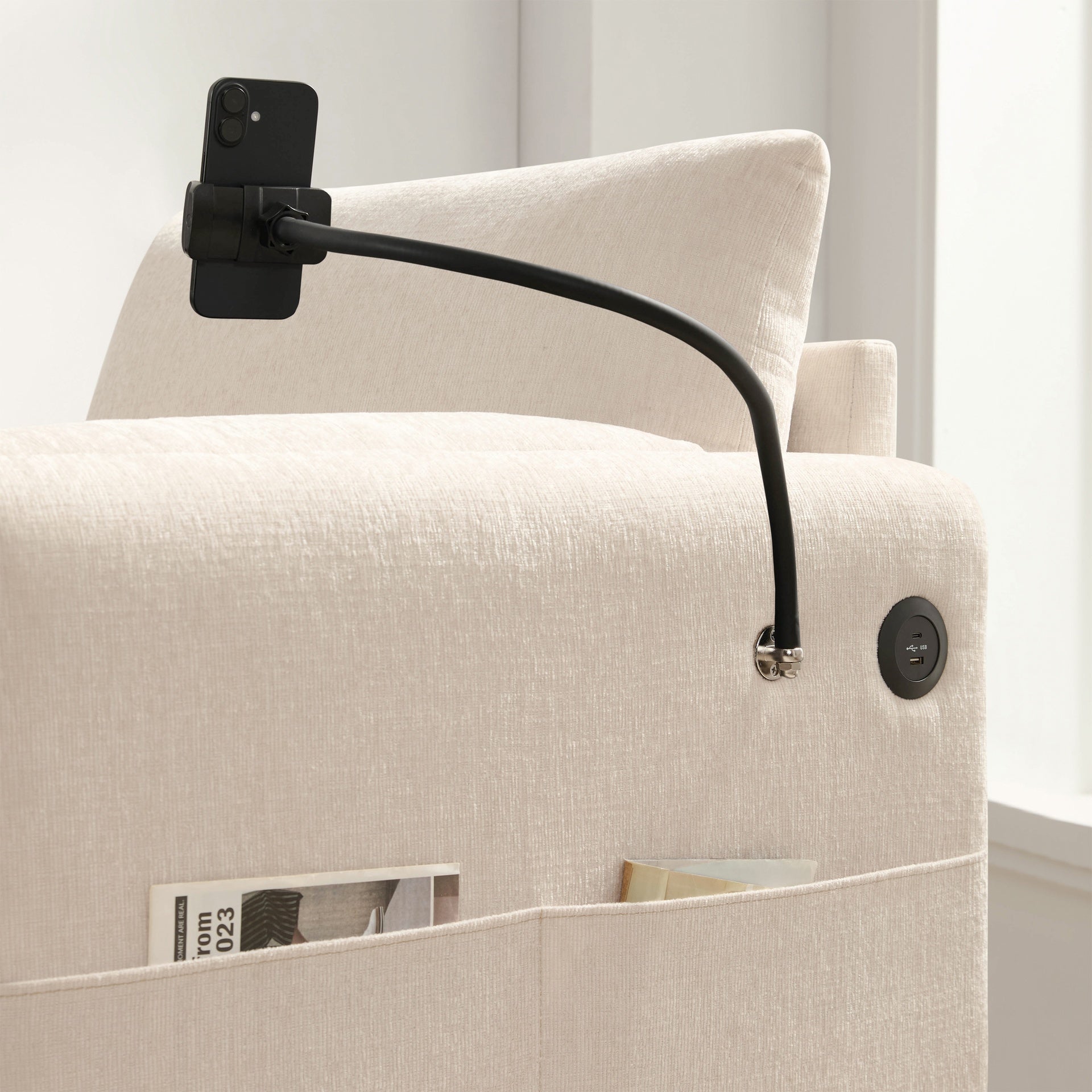 37" Single Sofa with Storage Ottoman, Adjustable Phone Holder, Dual-Port Charger, Storage Pockets, Elephant Ear Armrest, Comfy Chenille Armchair, Modern Cloud Chaise Lounge for Living Room&Apartment
