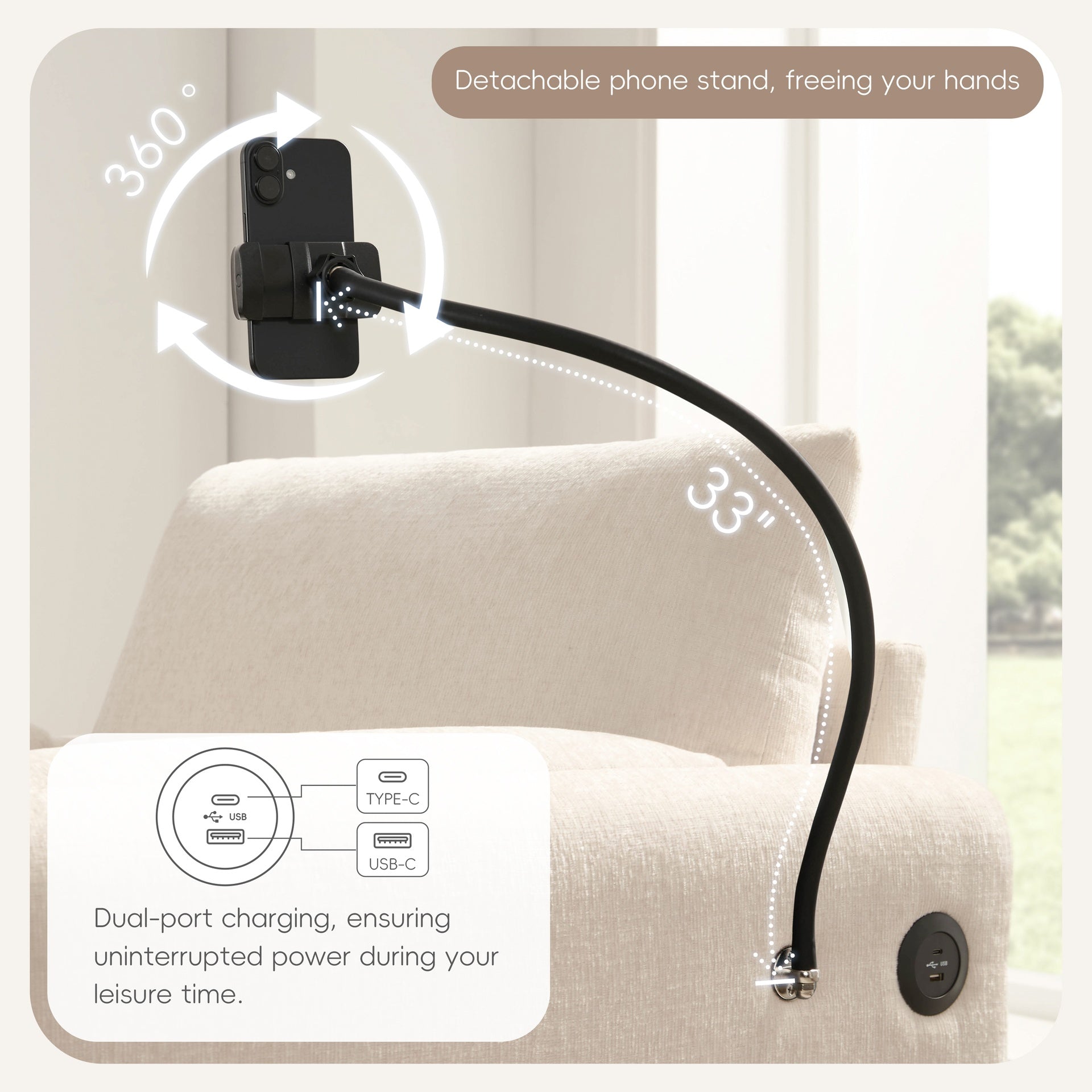 37" Single Sofa with Storage Ottoman, Adjustable Phone Holder, Dual-Port Charger, Storage Pockets, Elephant Ear Armrest, Comfy Chenille Armchair, Modern Cloud Chaise Lounge for Living Room&Apartment