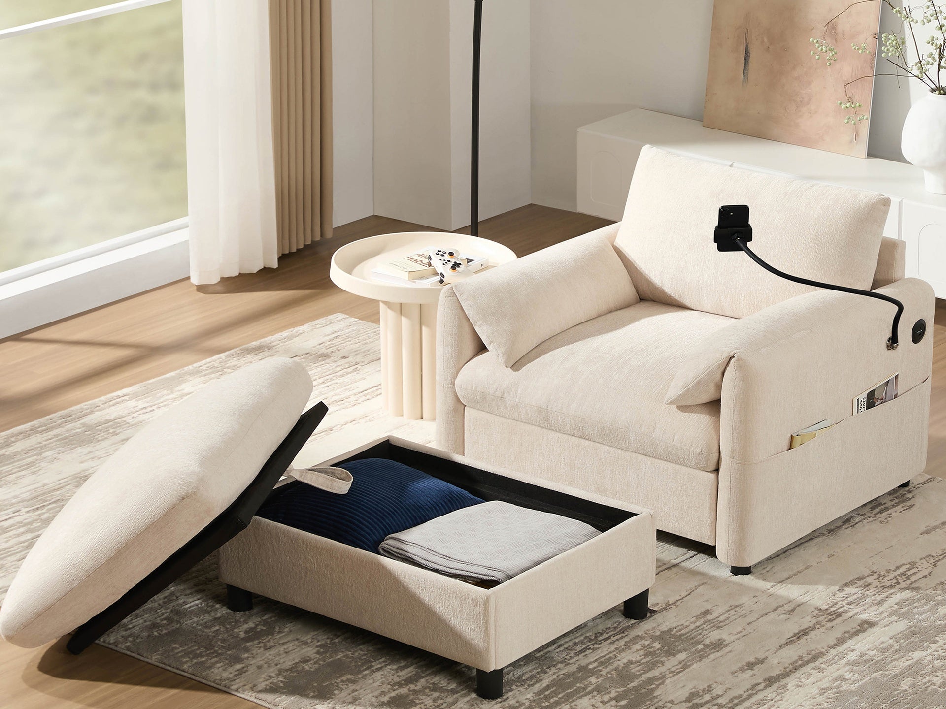 37" Single Sofa with Storage Ottoman, Adjustable Phone Holder, Dual-Port Charger, Storage Pockets, Elephant Ear Armrest, Comfy Chenille Armchair, Modern Cloud Chaise Lounge for Living Room&Apartment
