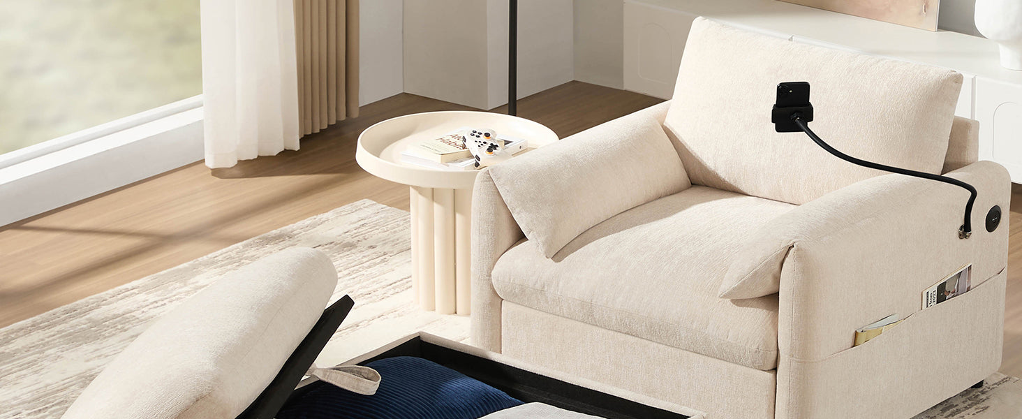 37" Single Sofa with Storage Ottoman, Adjustable Phone Holder, Dual-Port Charger, Storage Pockets, Elephant Ear Armrest, Comfy Chenille Armchair, Modern Cloud Chaise Lounge for Living Room&Apartment