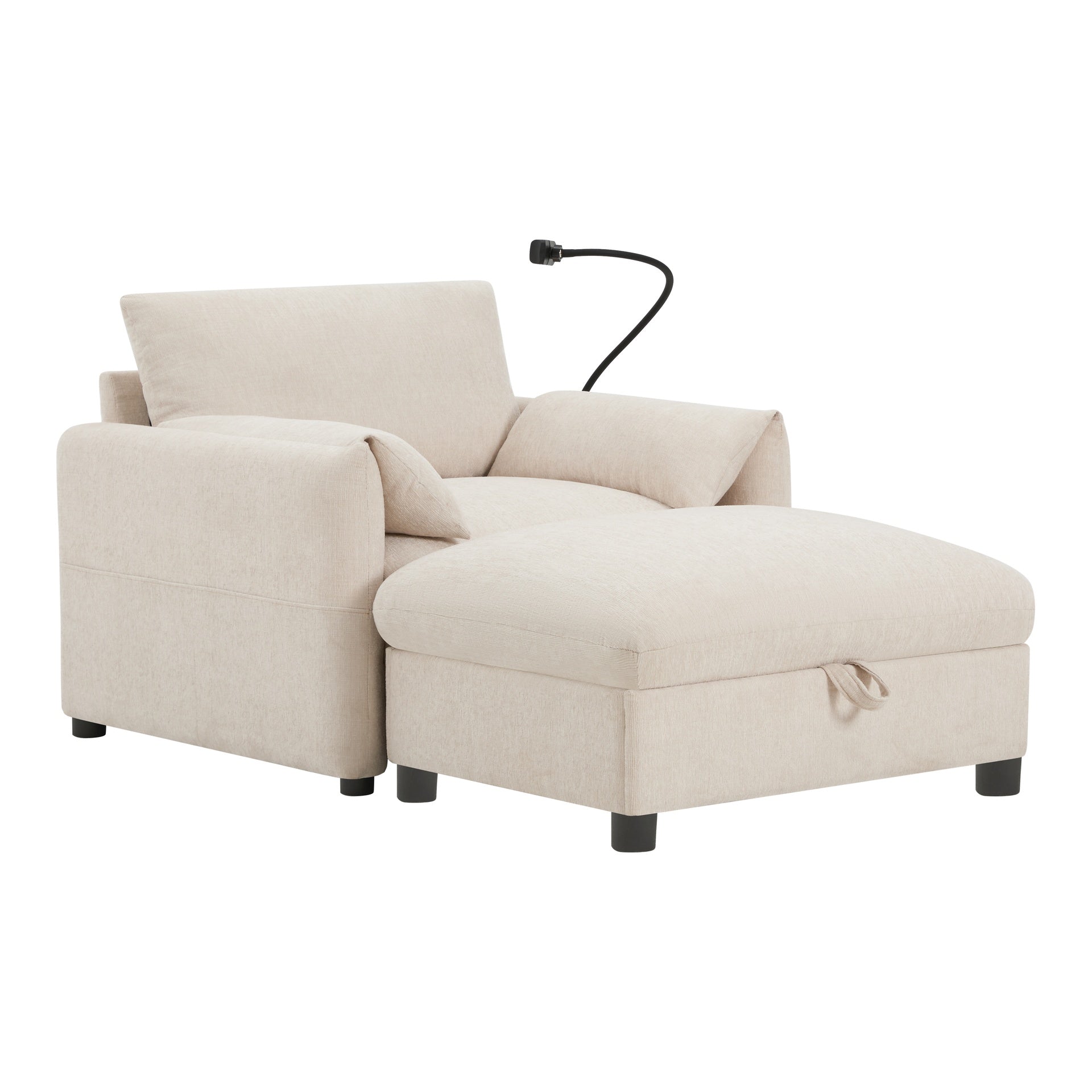 37" Single Sofa with Storage Ottoman, Adjustable Phone Holder, Dual-Port Charger, Storage Pockets, Elephant Ear Armrest, Comfy Chenille Armchair, Modern Cloud Chaise Lounge for Living Room&Apartment