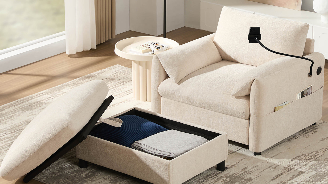 37" Single Sofa with Storage Ottoman, Adjustable Phone Holder, Dual-Port Charger, Storage Pockets, Elephant Ear Armrest, Comfy Chenille Armchair, Modern Cloud Chaise Lounge for Living Room&Apartment