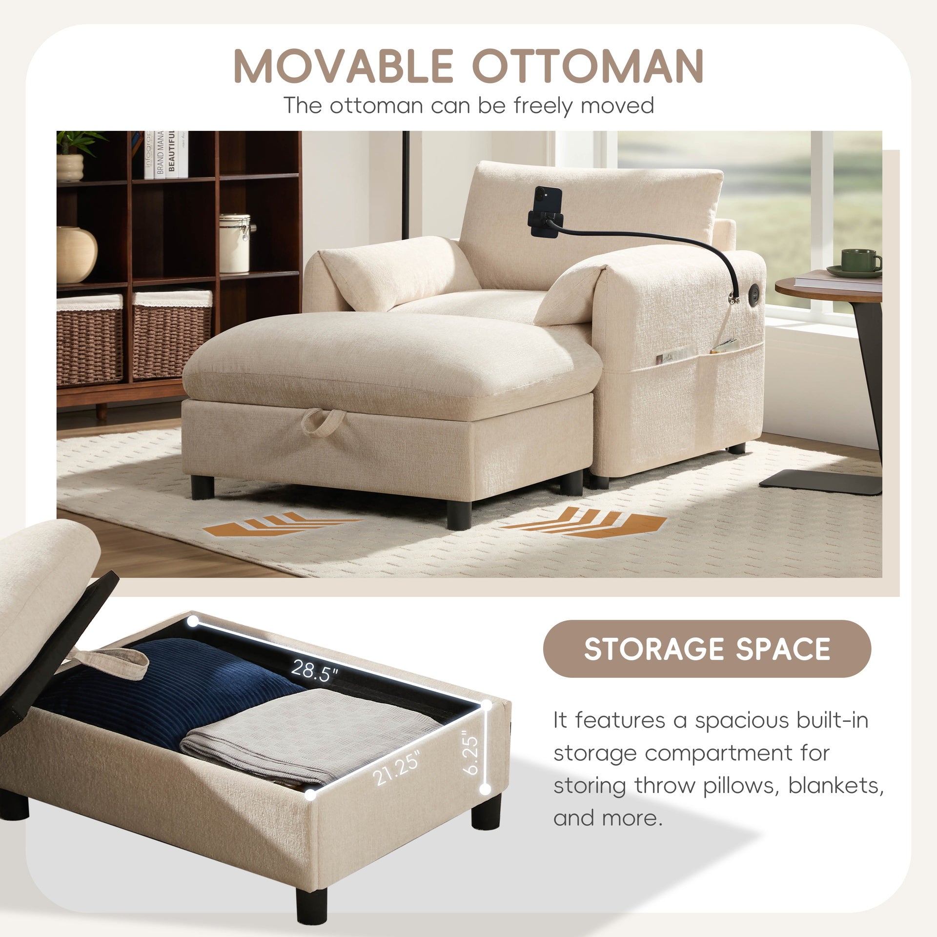 37" Single Sofa with Storage Ottoman, Adjustable Phone Holder, Dual-Port Charger, Storage Pockets, Elephant Ear Armrest, Comfy Chenille Armchair, Modern Cloud Chaise Lounge for Living Room&Apartment