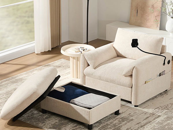 37" Single Sofa with Storage Ottoman, Adjustable Phone Holder, Dual-Port Charger, Storage Pockets, Elephant Ear Armrest, Comfy Chenille Armchair, Modern Cloud Chaise Lounge for Living Room&Apartment