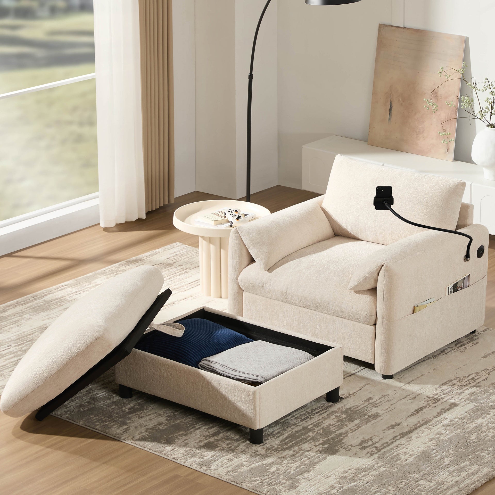37" Single Sofa with Storage Ottoman, Adjustable Phone Holder, Dual-Port Charger, Storage Pockets, Elephant Ear Armrest, Comfy Chenille Armchair, Modern Cloud Chaise Lounge for Living Room&Apartment