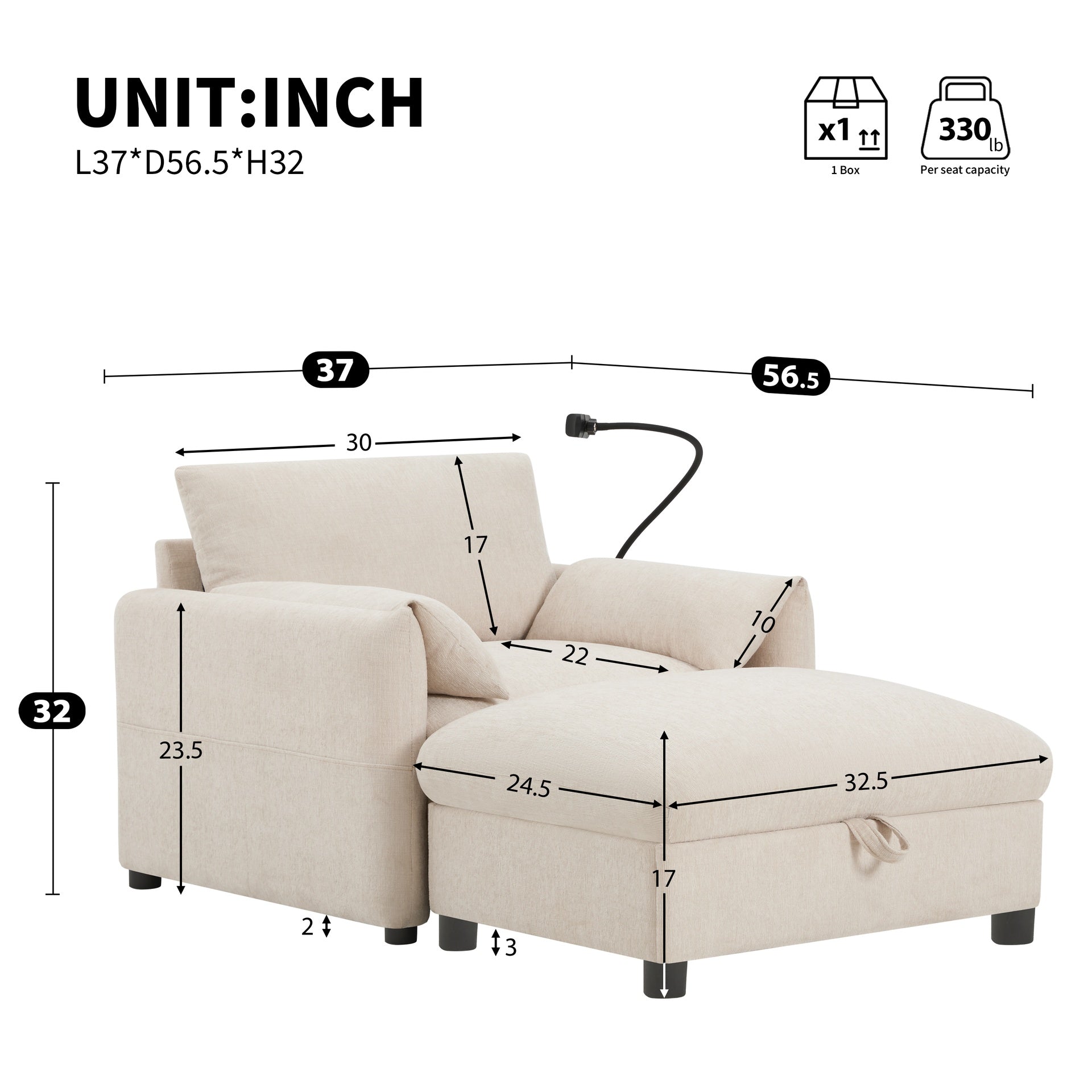 37" Single Sofa with Storage Ottoman, Adjustable Phone Holder, Dual-Port Charger, Storage Pockets, Elephant Ear Armrest, Comfy Chenille Armchair, Modern Cloud Chaise Lounge for Living Room&Apartment
