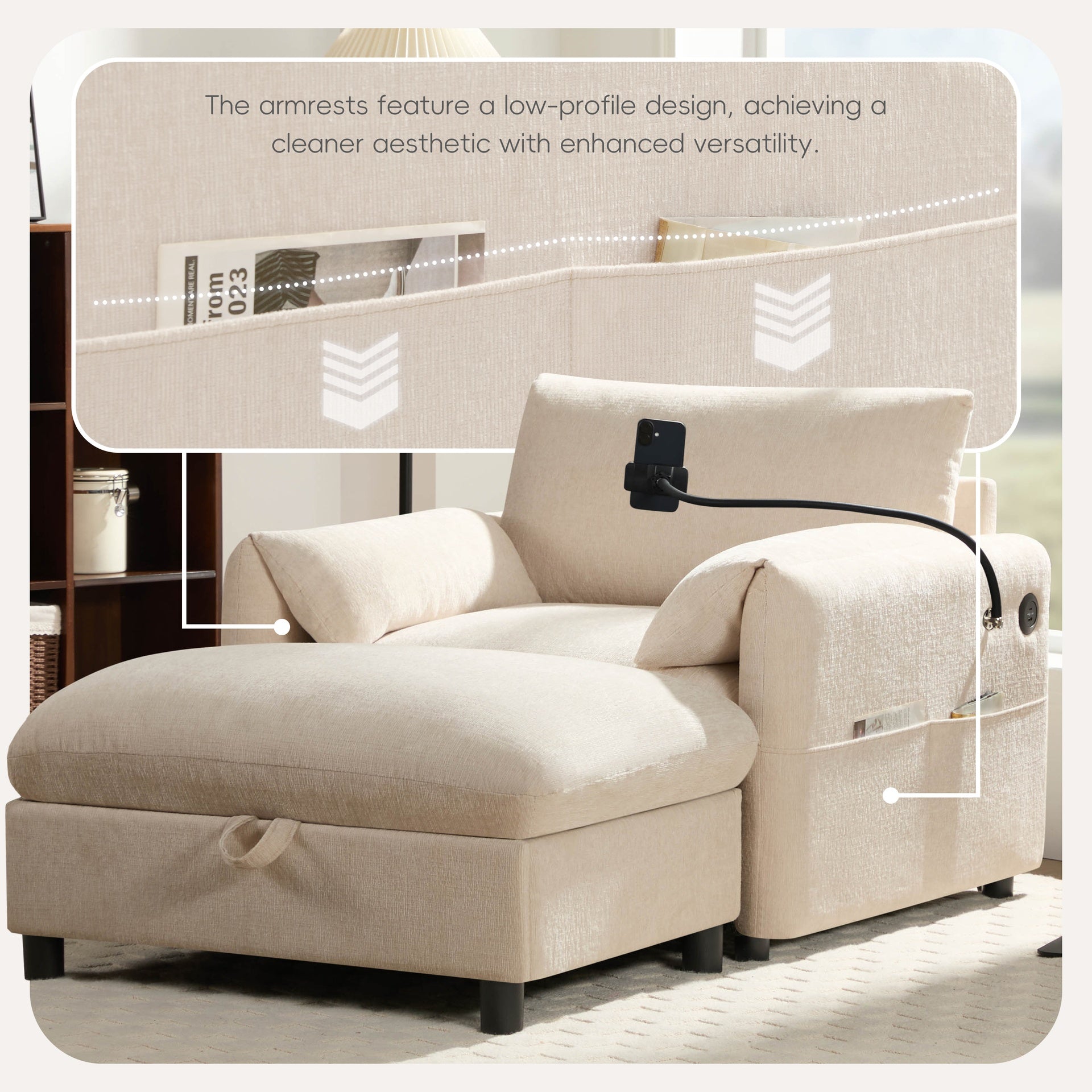 37" Single Sofa with Storage Ottoman, Adjustable Phone Holder, Dual-Port Charger, Storage Pockets, Elephant Ear Armrest, Comfy Chenille Armchair, Modern Cloud Chaise Lounge for Living Room&Apartment