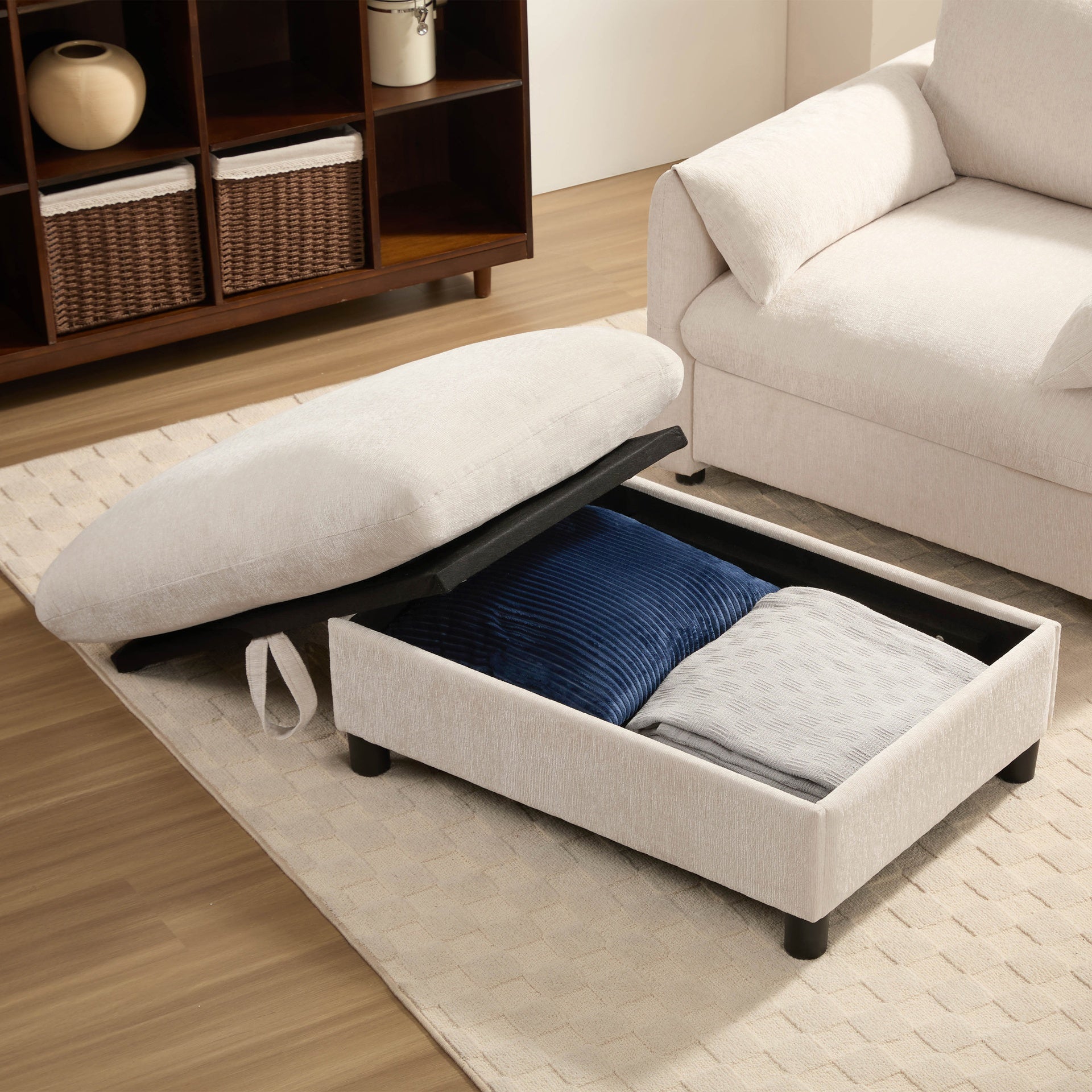 37" Single Sofa with Storage Ottoman, Adjustable Phone Holder, Dual-Port Charger, Storage Pockets, Elephant Ear Armrest, Comfy Chenille Armchair, Modern Cloud Chaise Lounge for Living Room&Apartment