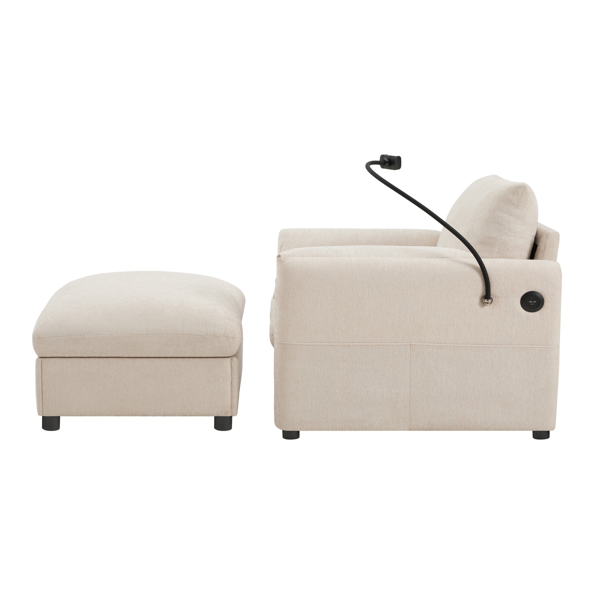 37" Single Sofa with Storage Ottoman, Adjustable Phone Holder, Dual-Port Charger, Storage Pockets, Elephant Ear Armrest, Comfy Chenille Armchair, Modern Cloud Chaise Lounge for Living Room&Apartment