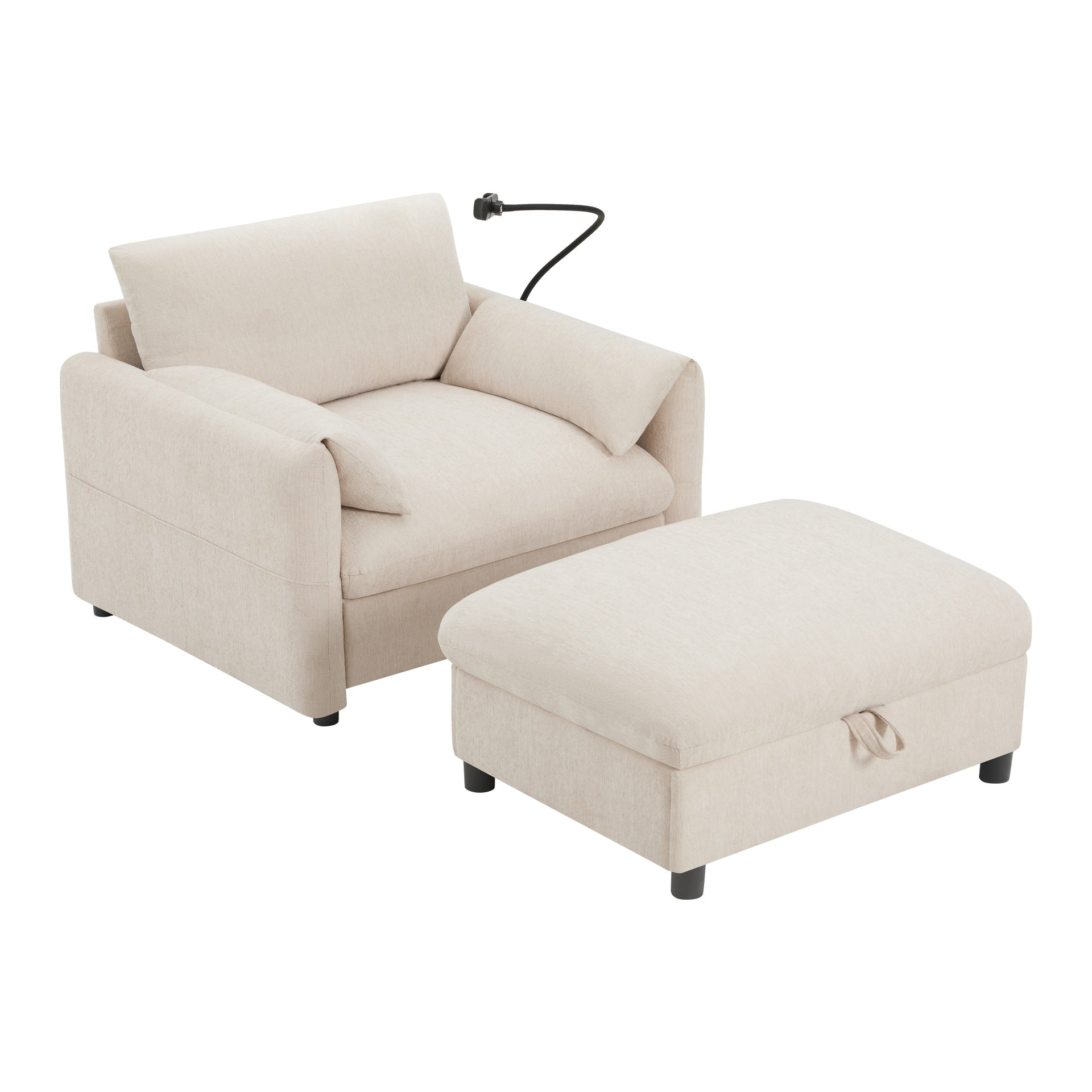 37" Single Sofa with Storage Ottoman, Adjustable Phone Holder, Dual-Port Charger, Storage Pockets, Elephant Ear Armrest, Comfy Chenille Armchair, Modern Cloud Chaise Lounge for Living Room&Apartment