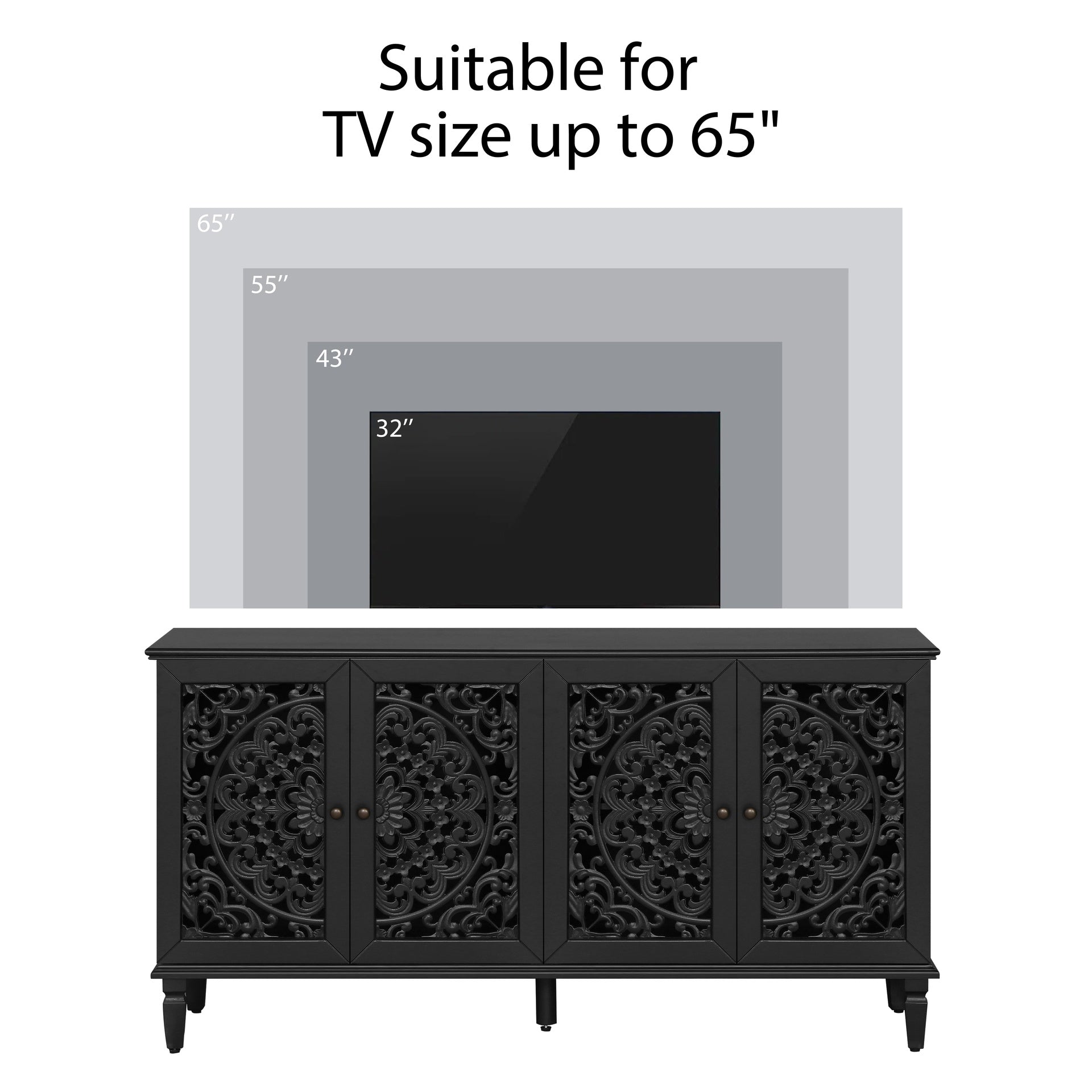 60" Antique Buffet Cabinet with Floral Carvings with Solid Wood Legs&Antique Brass Handles&Adjustable Shelves, TV Stand for 65''+ TV, Sideboard for Living Room,Dining Room (Black)