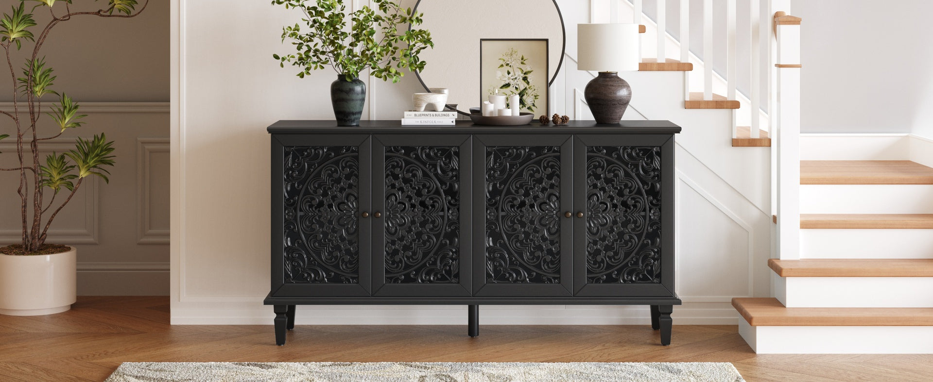 60" Antique Buffet Cabinet with Floral Carvings with Solid Wood Legs&Antique Brass Handles&Adjustable Shelves, TV Stand for 65''+ TV, Sideboard for Living Room,Dining Room (Black)
