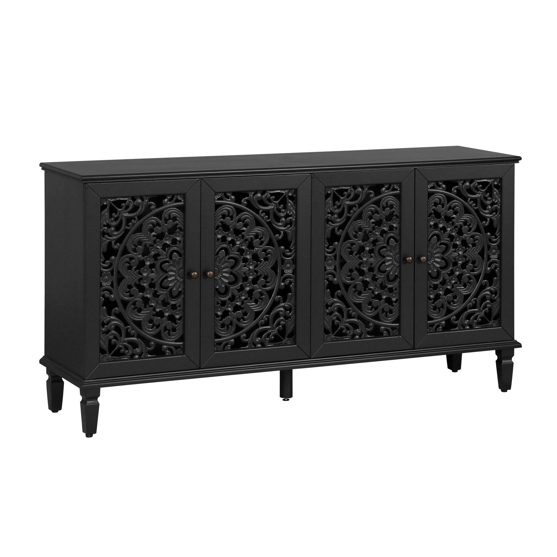 60" Antique Buffet Cabinet with Floral Carvings with Solid Wood Legs&Antique Brass Handles&Adjustable Shelves, TV Stand for 65''+ TV, Sideboard for Living Room,Dining Room (Black)