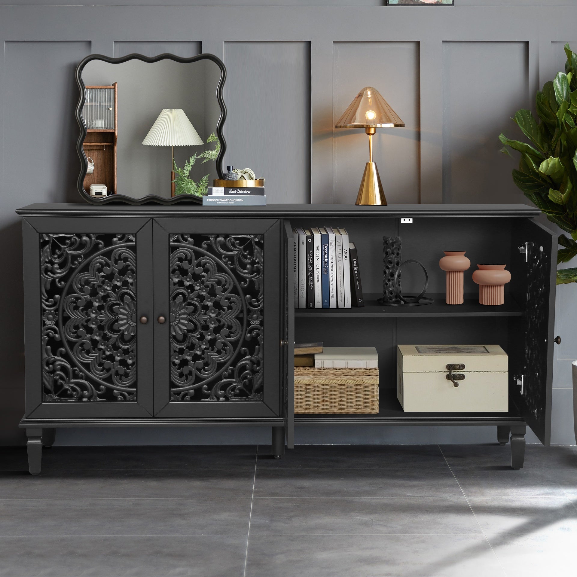 60" Antique Buffet Cabinet with Floral Carvings with Solid Wood Legs&Antique Brass Handles&Adjustable Shelves, TV Stand for 65''+ TV, Sideboard for Living Room,Dining Room (Black)