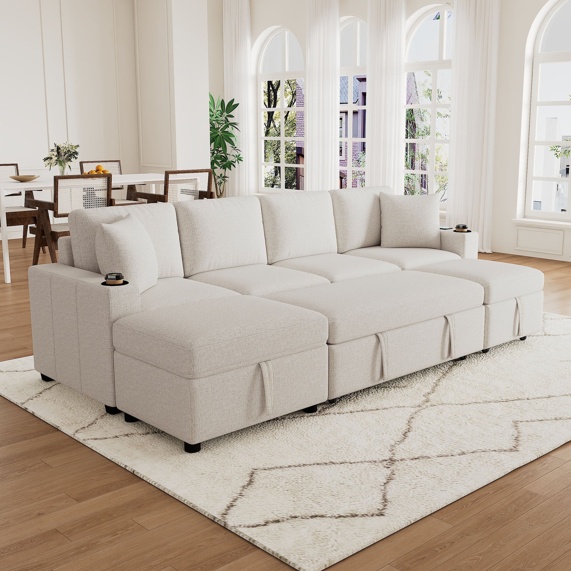 109.1" Sectional Sofa Convertible Pull-out Sofa Bed L-shaped Sofa U-shaped Sofa with a Movable Storage Ottoman for Living Room, Beige