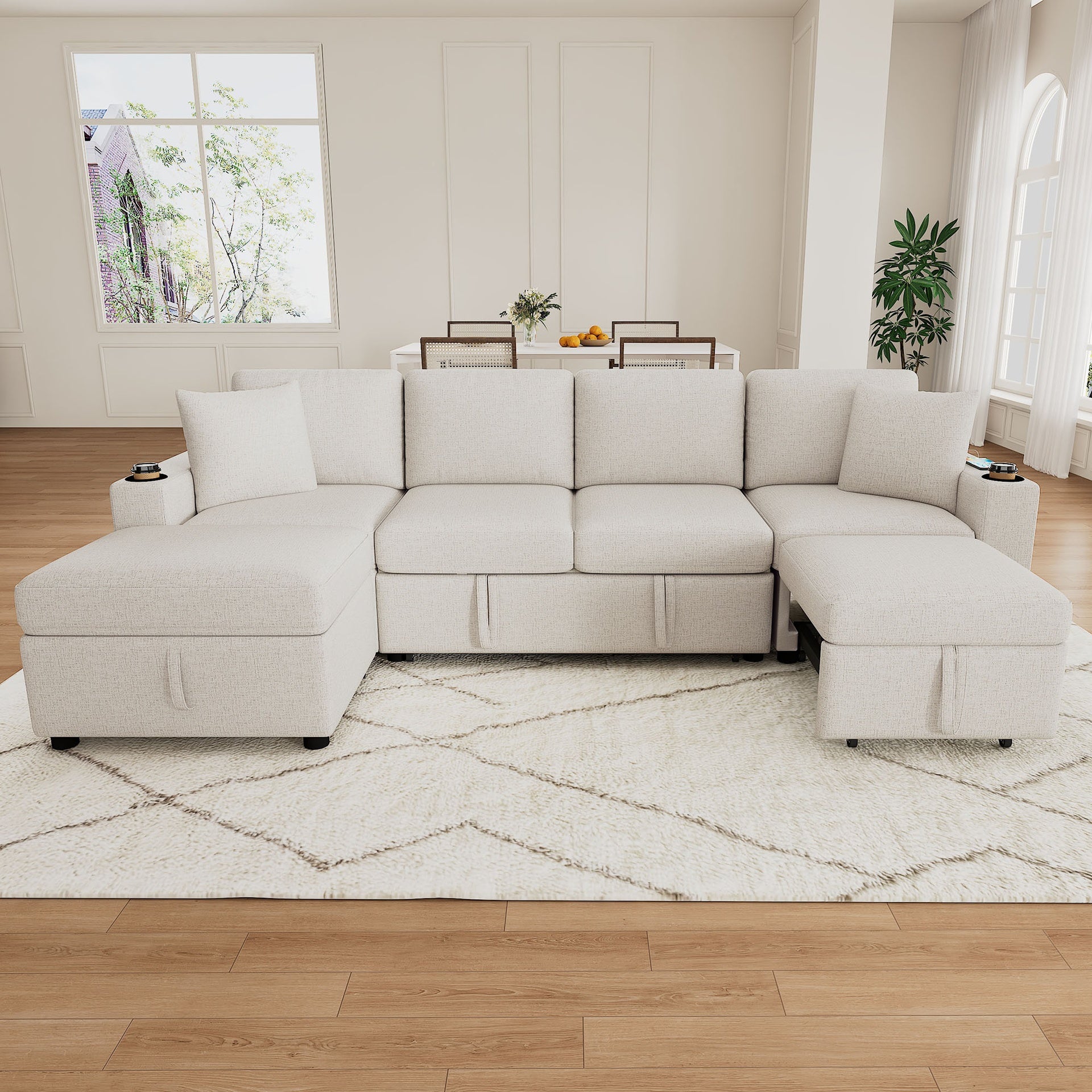 109.1" Sectional Sofa Convertible Pull-out Sofa Bed L-shaped Sofa U-shaped Sofa with a Movable Storage Ottoman for Living Room, Beige