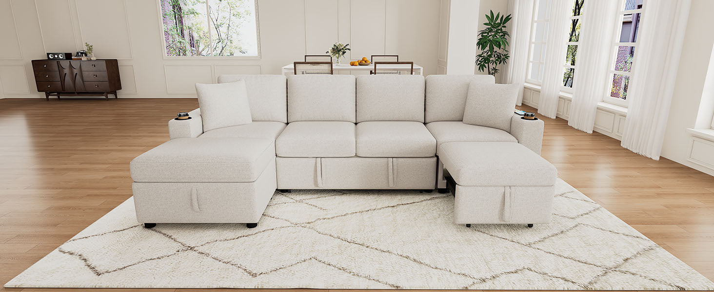109.1" Sectional Sofa Convertible Pull-out Sofa Bed L-shaped Sofa U-shaped Sofa with a Movable Storage Ottoman for Living Room, Beige