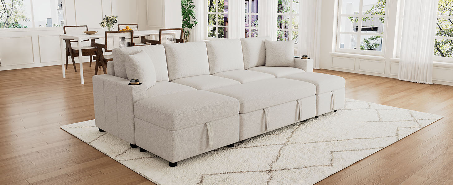 109.1" Sectional Sofa Convertible Pull-out Sofa Bed L-shaped Sofa U-shaped Sofa with a Movable Storage Ottoman for Living Room, Beige