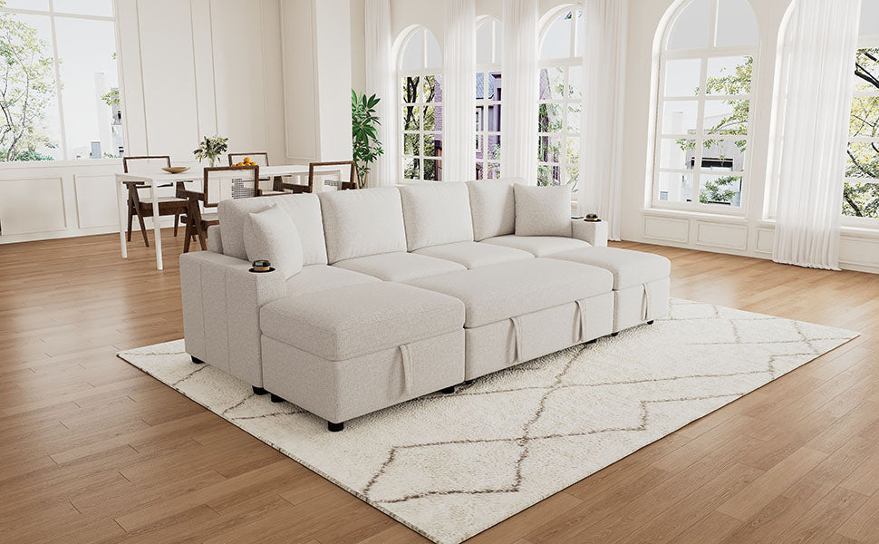 109.1" Sectional Sofa Convertible Pull-out Sofa Bed L-shaped Sofa U-shaped Sofa with a Movable Storage Ottoman for Living Room, Beige