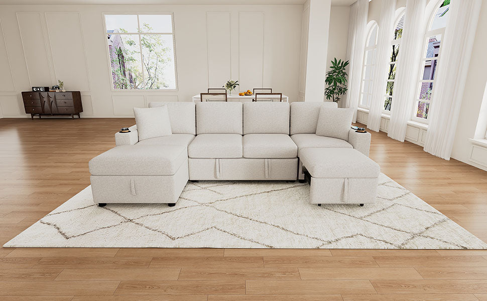109.1" Sectional Sofa Convertible Pull-out Sofa Bed L-shaped Sofa U-shaped Sofa with a Movable Storage Ottoman for Living Room, Beige
