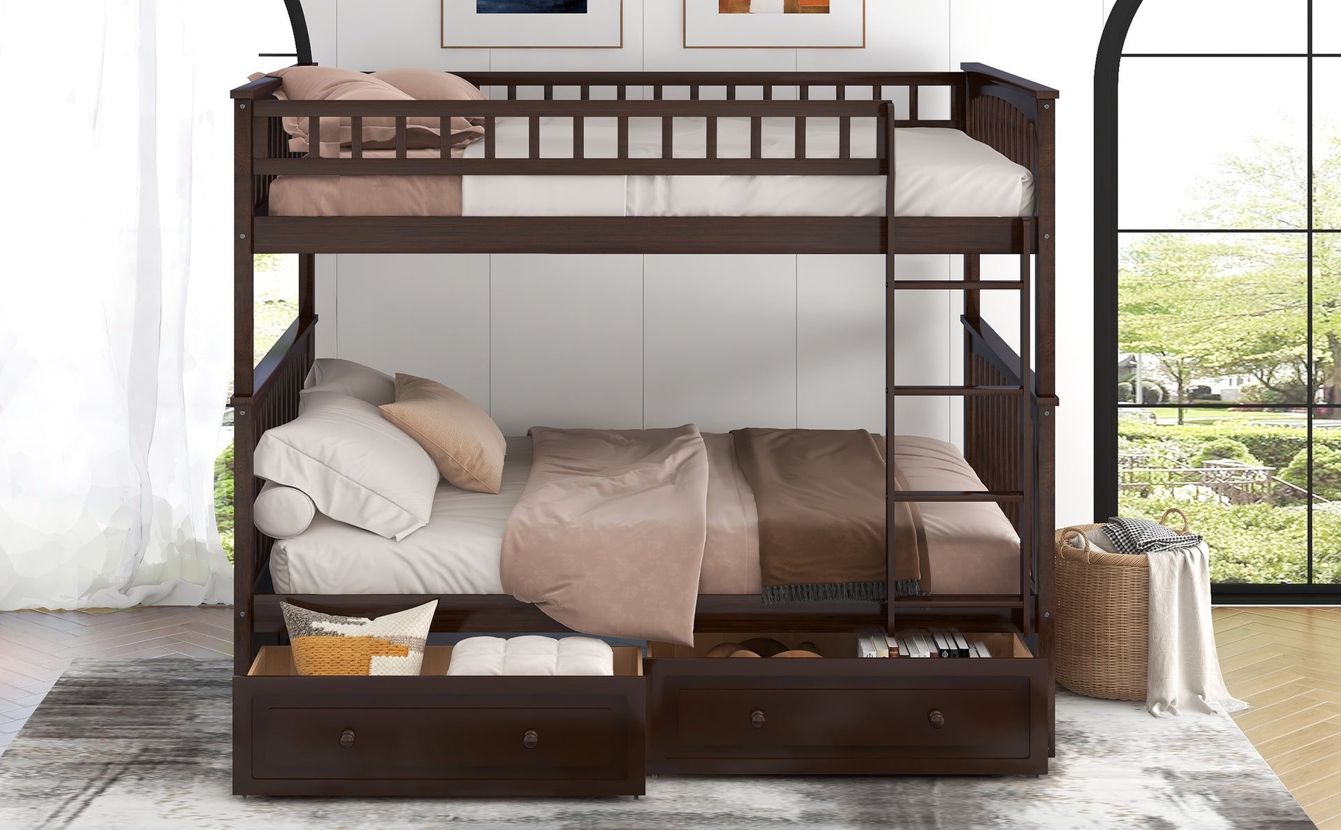 Full over Full Bunk Bed with Drawers, Convertible Beds, Espresso