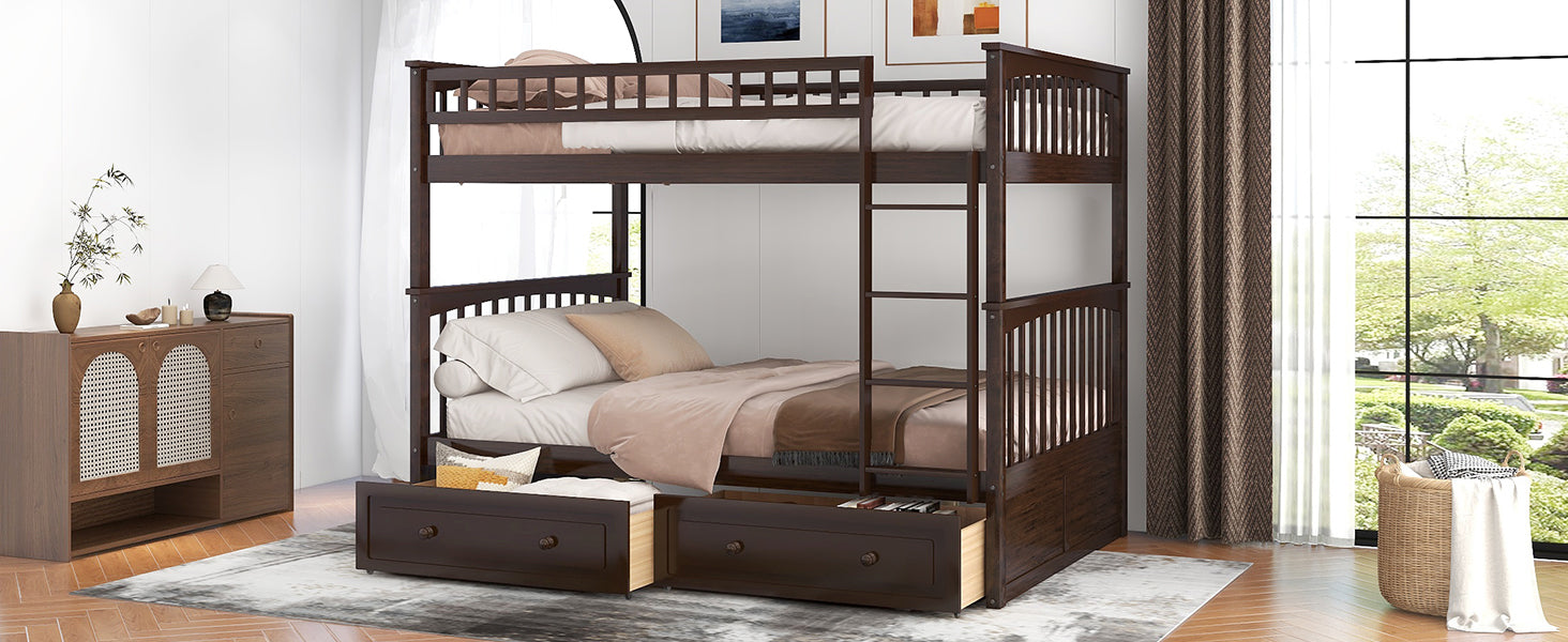 Full over Full Bunk Bed with Drawers, Convertible Beds, Espresso