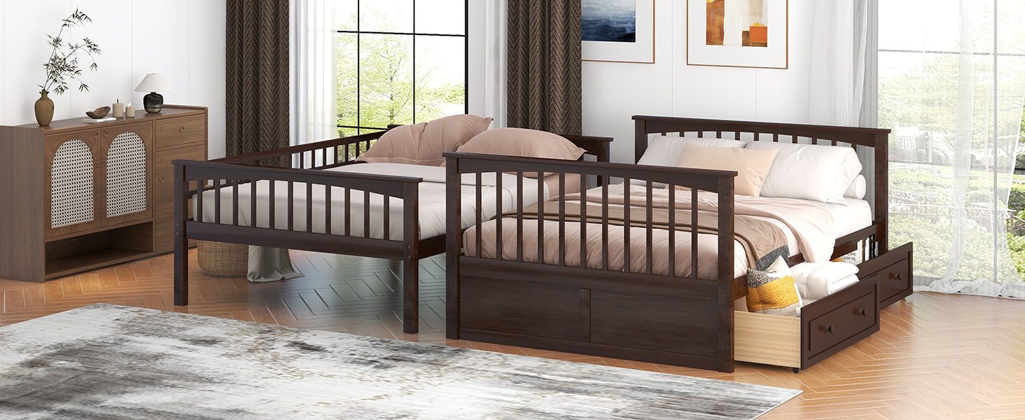 Full over Full Bunk Bed with Drawers, Convertible Beds, Espresso