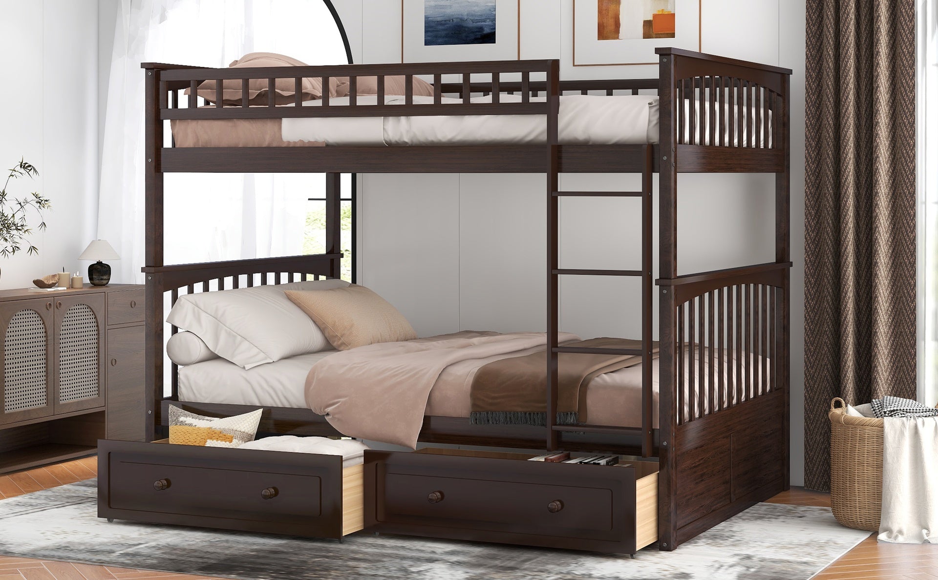 Full over Full Bunk Bed with Drawers, Convertible Beds, Espresso