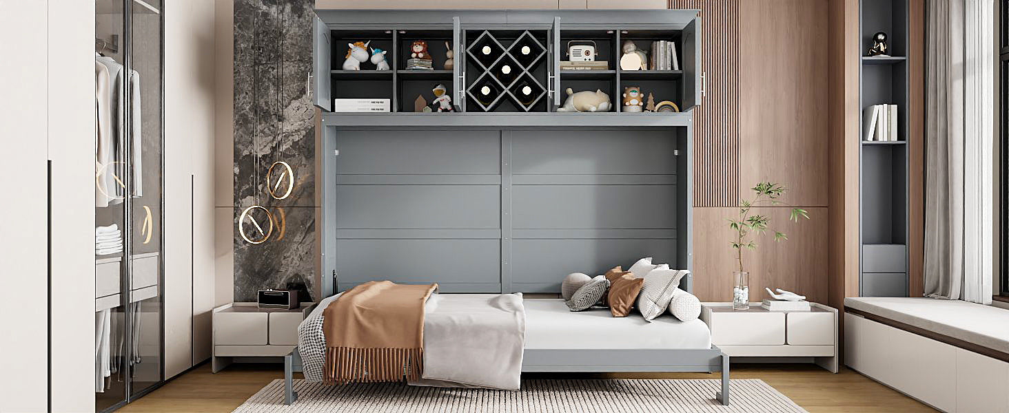 Queen Size Murphy Bed Wall Bed with Top Cabinets & Wine Rack ,Gray(OLD SKU:LP000879AAE)
