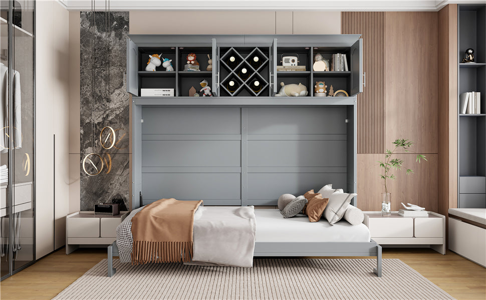 Queen Size Murphy Bed Wall Bed with Top Cabinets & Wine Rack ,Gray(OLD SKU:LP000879AAE)