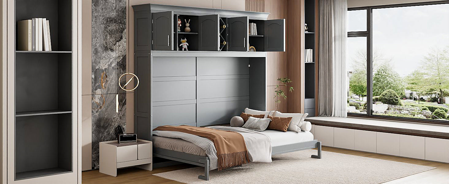 Queen Size Murphy Bed Wall Bed with Top Cabinets & Wine Rack ,Gray(OLD SKU:LP000879AAE)
