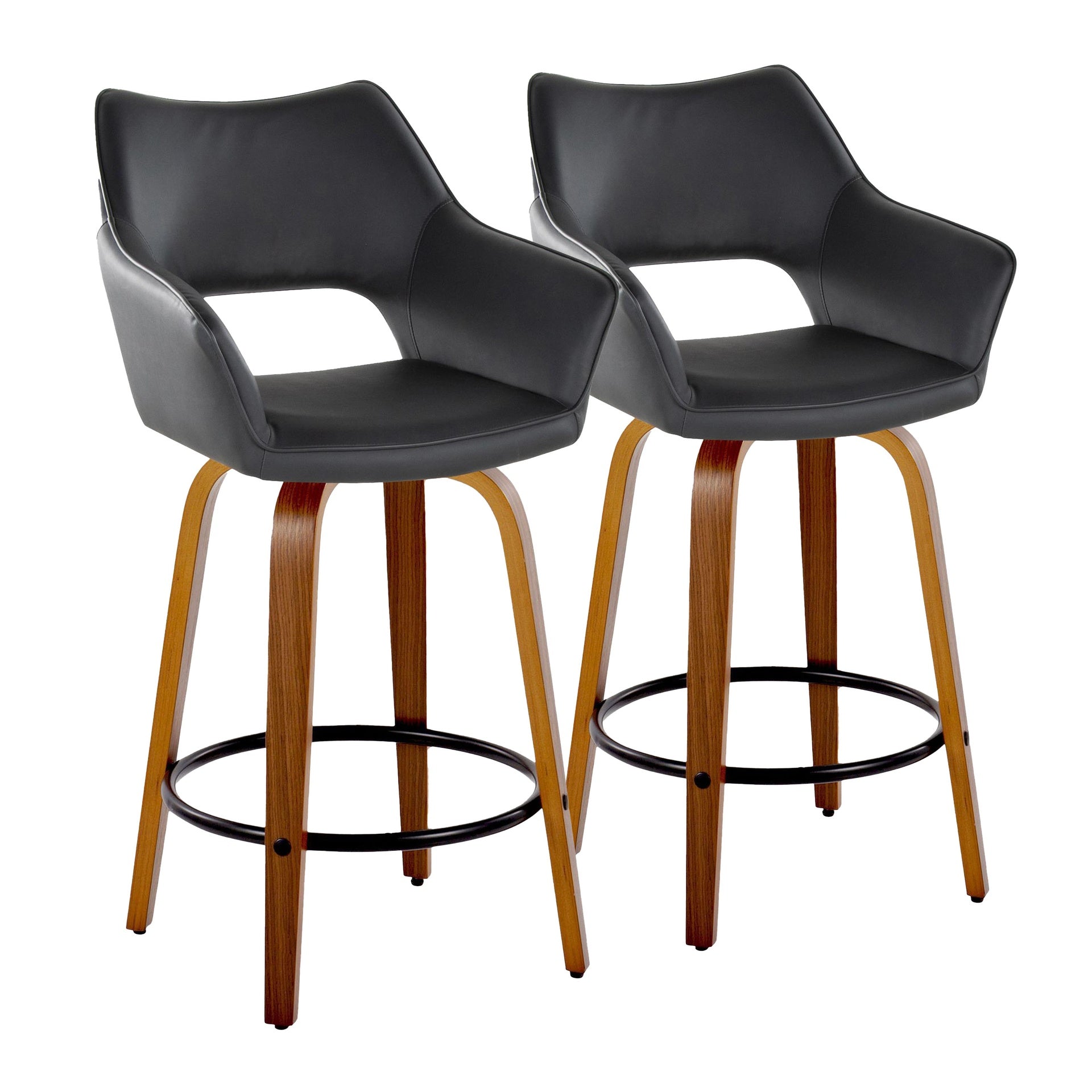Mustang 26" Contemporary Fixed-Height Counter Stool with Swivel in Walnut Wood and Black Faux Leather with Round Black Metal Footrest by LumiSource - Set of 2
