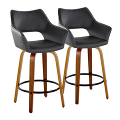 Mustang 26" Contemporary Fixed-Height Counter Stool with Swivel in Walnut Wood and Black Faux Leather with Round Black Metal Footrest by LumiSource - Set of 2