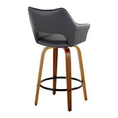 Mustang 26" Contemporary Fixed-Height Counter Stool with Swivel in Walnut Wood and Black Faux Leather with Round Black Metal Footrest by LumiSource - Set of 2