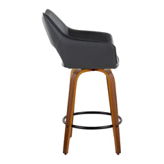 Mustang 26" Contemporary Fixed-Height Counter Stool with Swivel in Walnut Wood and Black Faux Leather with Round Black Metal Footrest by LumiSource - Set of 2