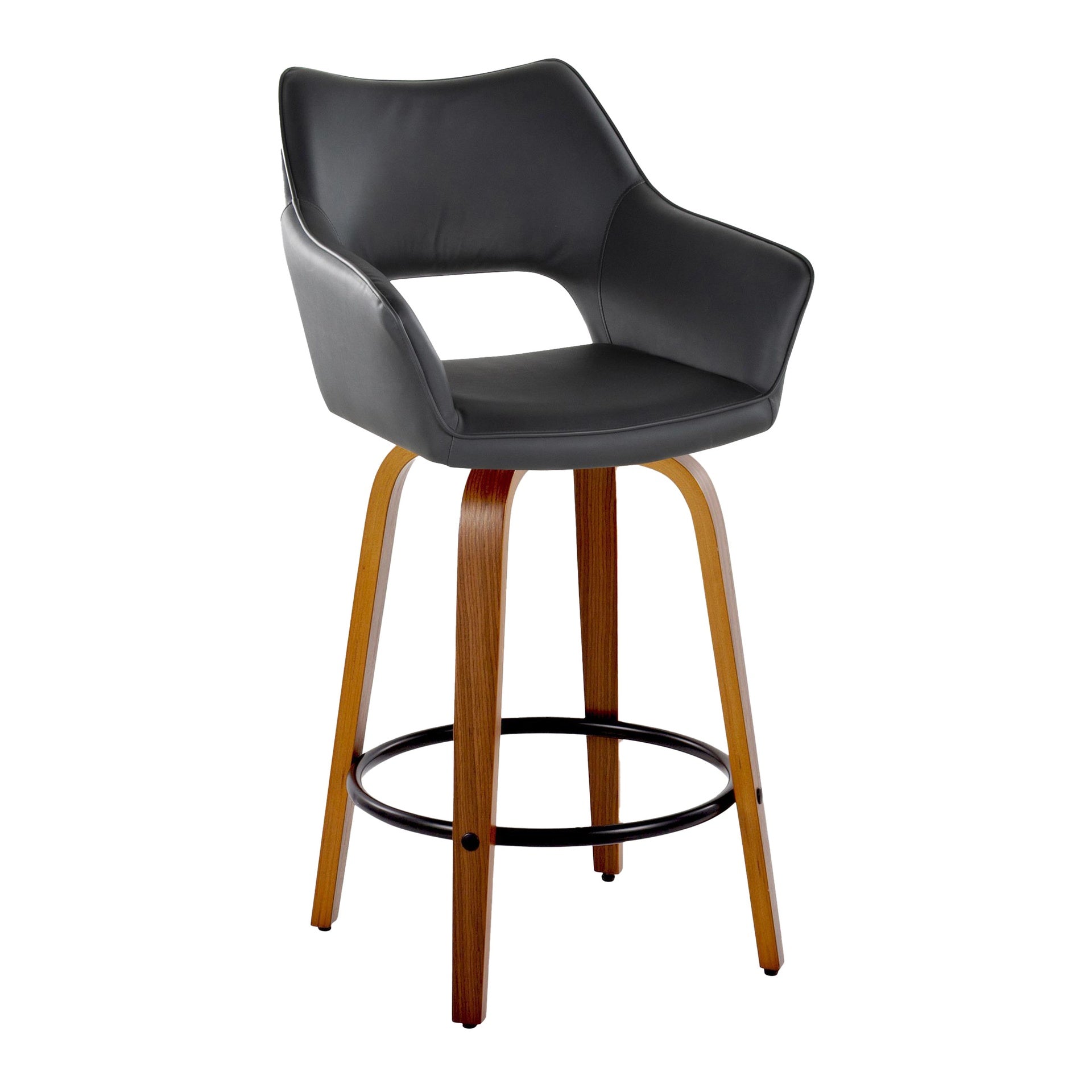 Mustang 26" Contemporary Fixed-Height Counter Stool with Swivel in Walnut Wood and Black Faux Leather with Round Black Metal Footrest by LumiSource - Set of 2