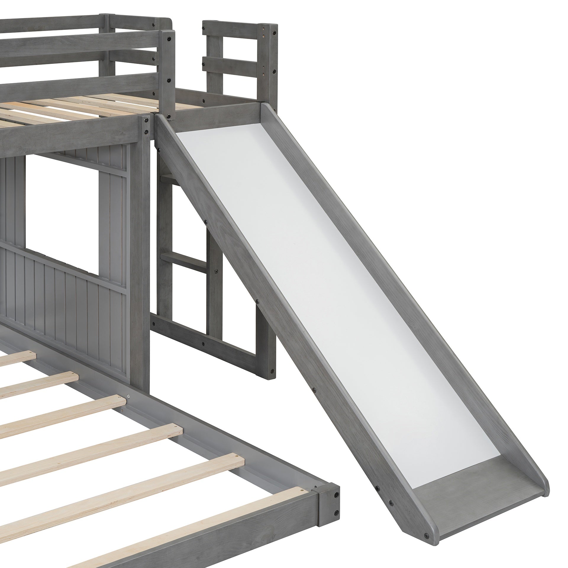 Wooden Twin Over Full Bunk Bed, Loft Bed with Playhouse, Farmhouse, Ladder, Slide and Guardrails, Antique Gray(OLD SKU :LT000028AAE)