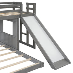 Wooden Twin Over Full Bunk Bed, Loft Bed with Playhouse, Farmhouse, Ladder, Slide and Guardrails, Antique Gray(OLD SKU :LT000028AAE)